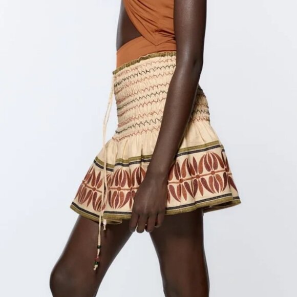 NEW Zara Boho Linen-Blend Embroidered Smocked Ruffle Mini Skort Skirt, Size XS - Picture 7 of 16